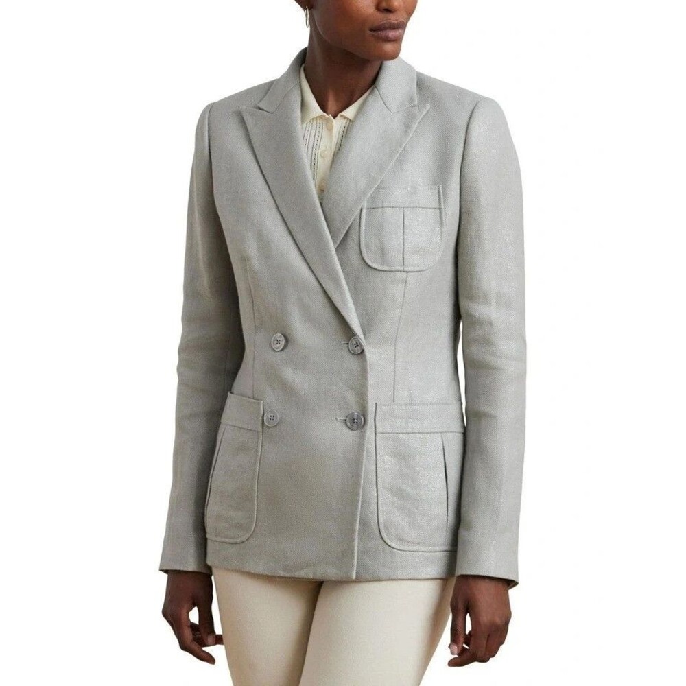 Lauren Ralph Lauren Women's Foiled Linen-Cotton Blazer Silver Foil Light Gray 6 - Picture 3 of 13